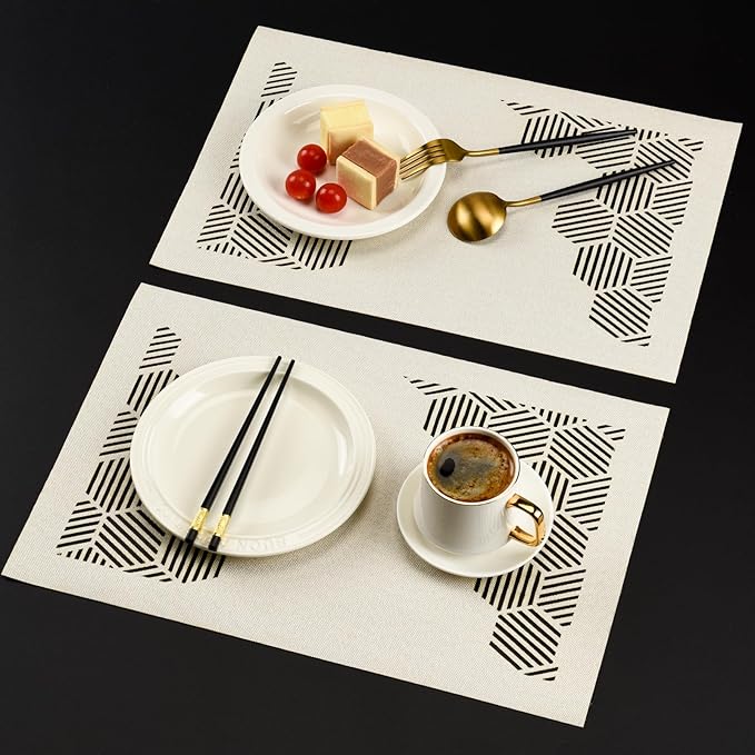 Cloth Placemats Set of 4 for Dining Table, Decorative Placemats with Hollow Design Table Cloth Set, Table Mats for Dining Table 12"x18" Cream