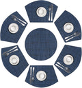 SHACOS Round Table Placemats Set of 7 Woven Vinyl Wedge Placemat with Centerpiece Mat Heat Resistant Place Mats Round Table Mats Wipe Clean (7, Blue Black)
