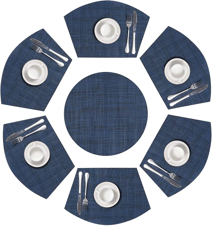 SHACOS Round Table Placemats Set of 7 Woven Vinyl Wedge Placemat with Centerpiece Mat Heat Resistant Place Mats Round Table Mats Wipe Clean (7, Blue Black)