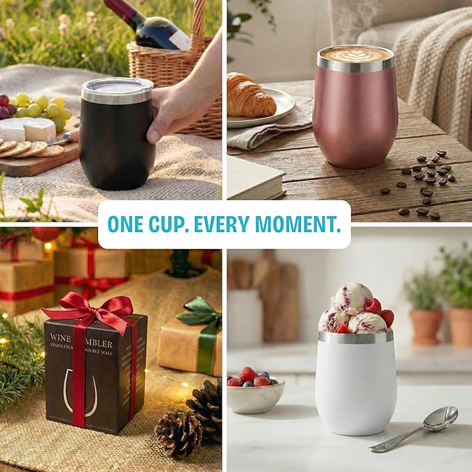 CHILLOUT LIFE 12 oz Stainless Steel Wine Tumblers 4 Pack - Double Wall Vacuum Insulated Wine Glasses Cups with Lids and Straws Set Keeping Cold & Hot for Coffee, Beer, Ice Cream - Ocean Marble Pattern