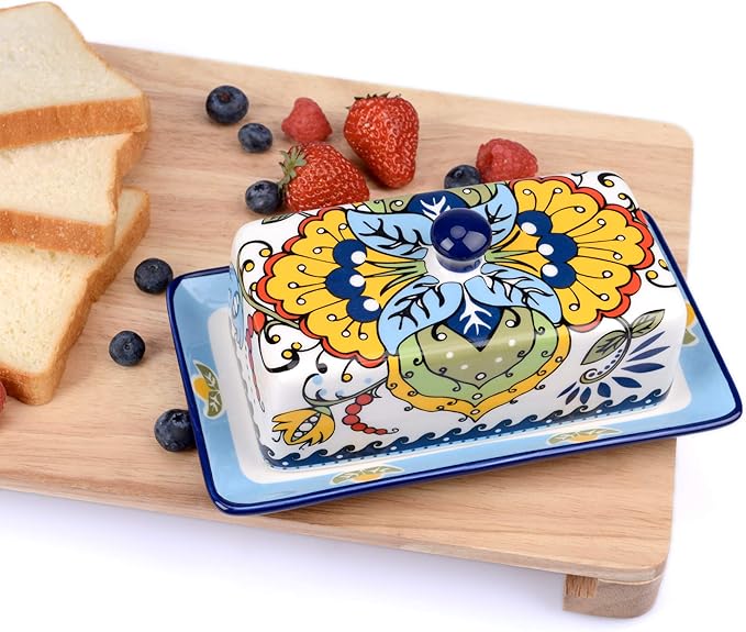 NAGU Hand Drawn Ceramic Butter Dish with Lid, Farmhouse Butter Plate Tray with Cover, Vintage Cheese Container Holder for Kitchen Countertop, Decorative Colored Country Style Home Butter Keeper Saver