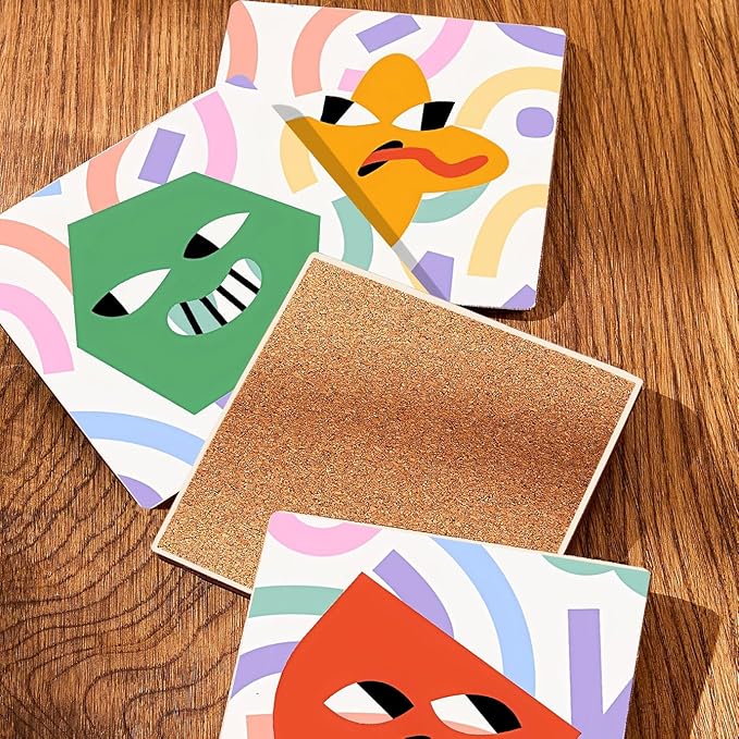 MAYCARI Cartoon Funny Grimace Face Coasters Set of 6 Cork Backed Cute Coasters with Metal Holder Original Ceramic Surface Drink Cup Mats for Tabletop Protection Modern Desk Decoration Birthday Gifts