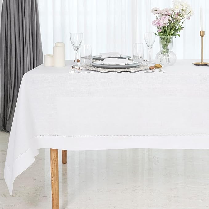D'Moksha Homes White Linen Tablecloth for Rectangle Tables 60 x 132 Inch - 100% Pure Linen White Table Cloth - Classic Hemstitch, Machine Washable Dining Tablecloth for Valentines, Spring, Easter