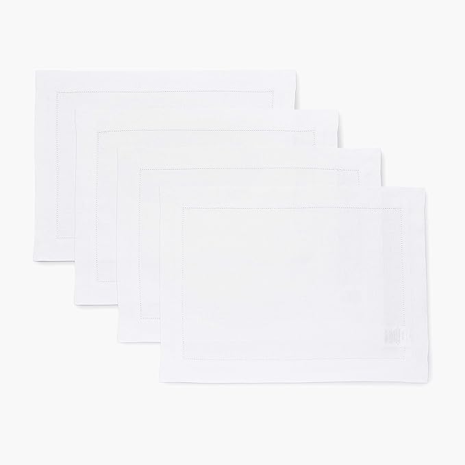 Solino Home Linen Placemats Set of 4 - Classic Hemstitch White Placemats 14 x 19 Inch - 100% Pure Linen Table Mats for Winter, Valentines, Spring, Easter