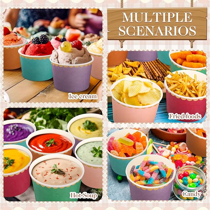 Zopeal 96 Pcs Colorful Disposable Ice Cream Bowls 9oz Candy Gradient Color Paper Snack Cups with Gold Scallop for Parties, Weddings, Baby Showers, Desserts, Yogurt, and Salads