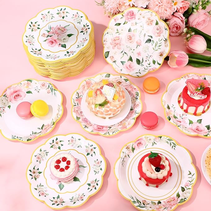 Umigy 120 Pcs Summer Pink Floral Paper Plates 7 Inch Floral Party Decoration Plates, Summer Wild Flower Disposable Decorative Tableware for Birthday Wedding Baby Shower Tea Party Bridal Shower