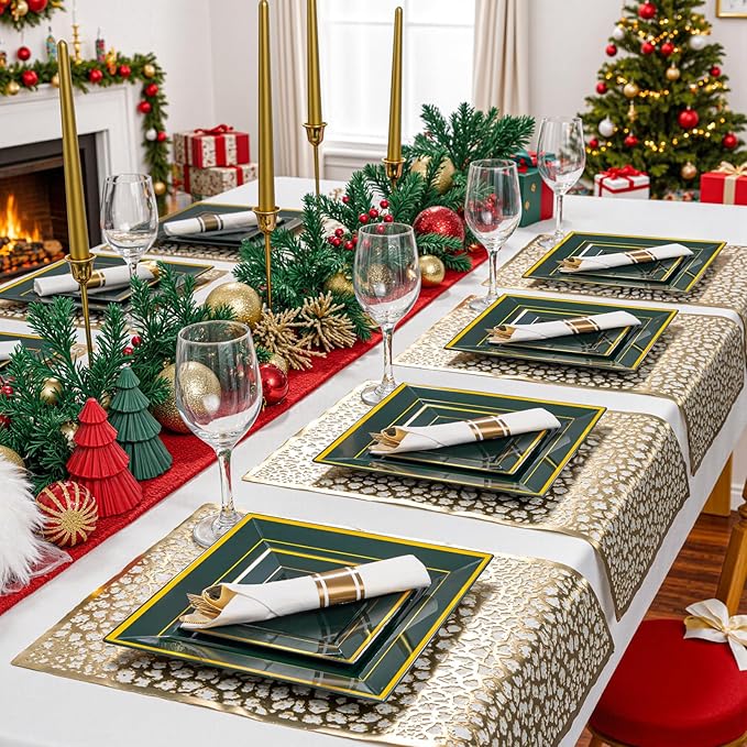 Liacere 100PCS Green and Gold Square Plastic Plates-50PCS Heavy Duty 9.5inch Disposable Dinner Plates and 50PCS 6inch Green Dessert Plate - Gold Plastic Plate for Party&Wedding&Christmas