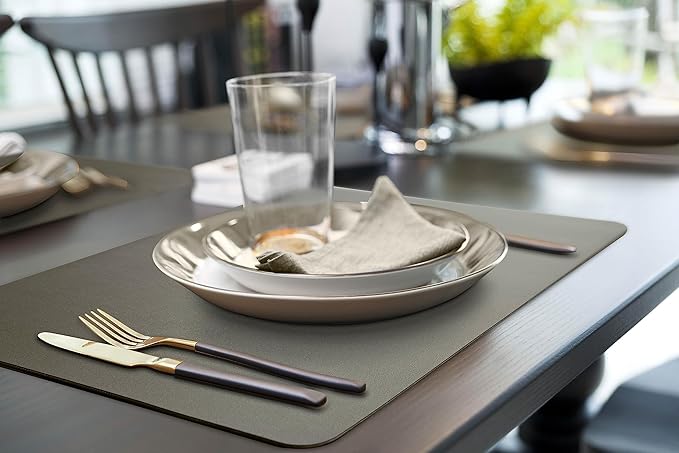 More Décor Faux Leather Placemats Set of 4 for Dining Table – Waterproof, Wipeable, Washable, Stain & Heat Resistant, Non-Slip Table Mats – 12 X 17 Inch, (Solid Dark Grey, 4)
