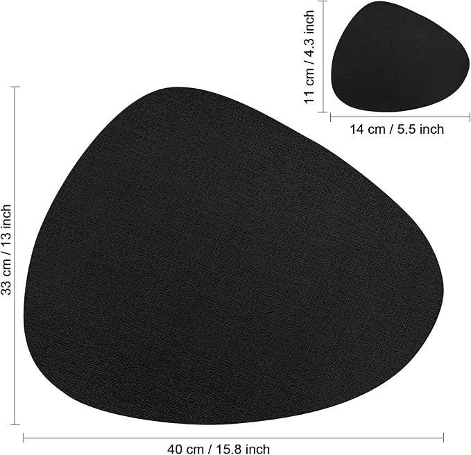Placemats and Coasters, Washable Reversible Placemats Round Faux Leather Wipeable Place Mats Non Slip Heat Resistant Indoor Outdoor Table Mats (Set of 6, Black)
