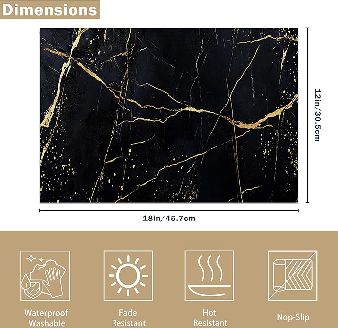 Table Placemats Set of 6 Abstract Black Marble Texture Place Mats Washable Kitchen Dining Linen Table Mats Stain Heat, for Home Party Indoor 12x18 in