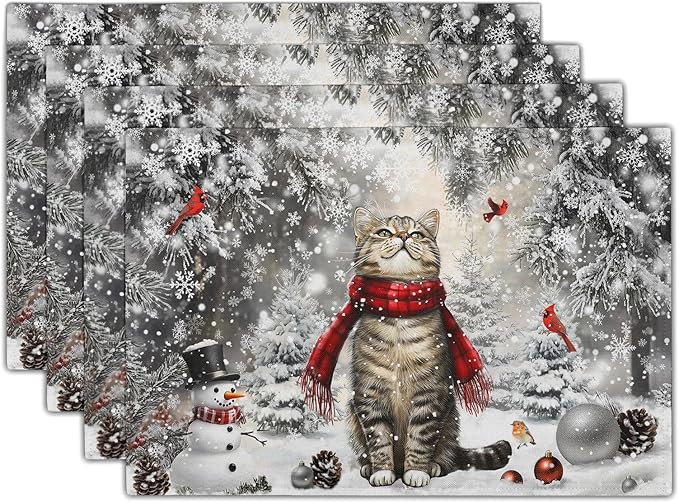 Winter Placemats Set of 4 - Cute Cat Snowman Xmas Tree Place Mat Tablemats 12x18 for Kitchen Dining Table