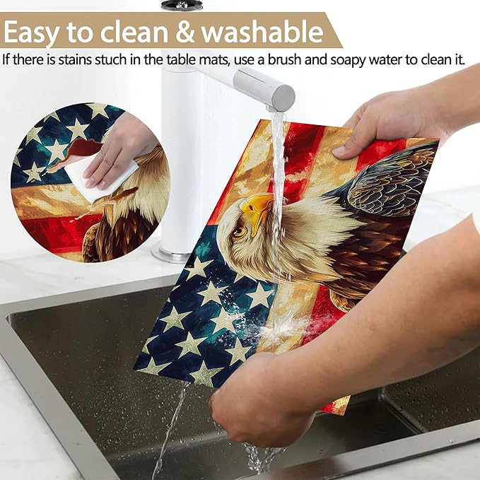 American Flag Placemats Set of 6, Linen Washable for Christmas, Thanksgiving, Party, and Daily Dining, Retro Eagle Decorative Table Mats for 4-6 Person Table