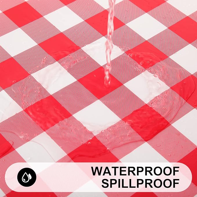Smiry Rectangle Picnic Table Cloth, Elastic Waterproof Fitted Vinyl Tablecloths, Flannel Backed Buffalo Plaid Table Covers for Dining, Camping, Outdoor (White and Red, 30" x 48")