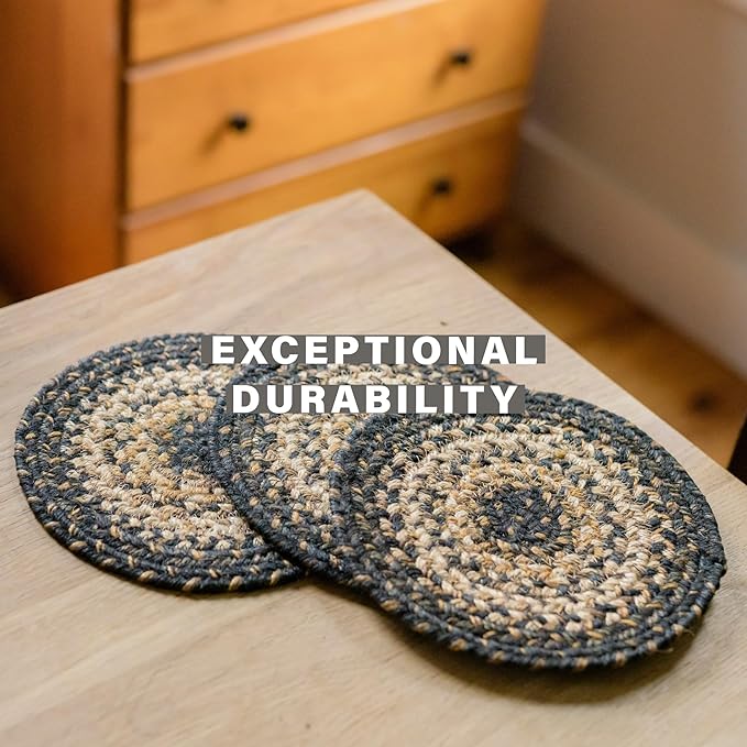 Homespice Kilimanjaro Jute Braided Rope Coasters 4", Warm Primitive Decor, Set of 6, Black and Tan - Durable, Absorbs Moisture, Easy to Clean and Protects Furniture