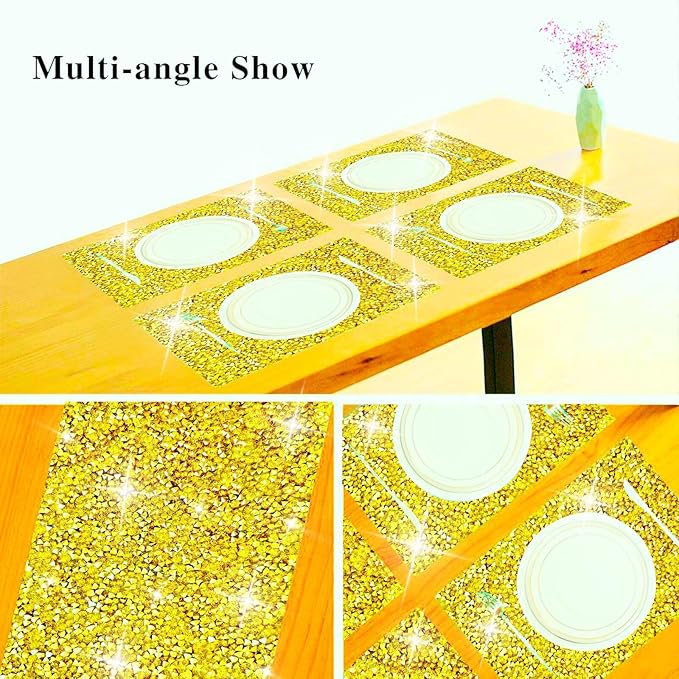 Gold Placemats Gold Heat Resistant Mat Square Placemats Trivets Rhinestone Decor Place Mat Crushed Diamond Decor Bling Sparkly Mat Set of 2