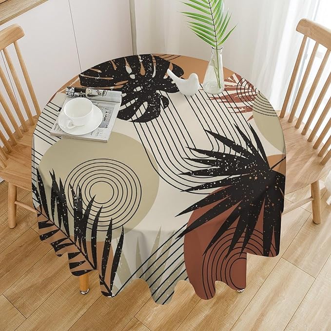 Boho Medieval Abstract Leaves Round Tablecloth, Mid Century Modern Bohemian Style Print Tablecloth for Home Party Dining Room Kitchen Decor 60Inch(152cm)