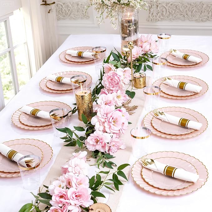 YOUBET 350PCS Pink Scalloped Plastic Plates - Pink and Gold Disposable Dinnerware Set Include 100 Plates, 150 Gold Silverware, 50 Cups, 50 Napkins for Wedding & Party Valentines Day