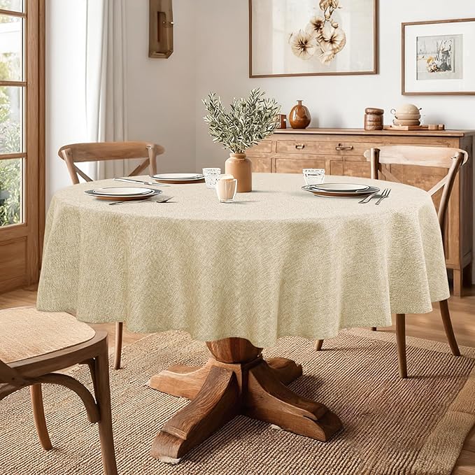 JIUZHEN Faux Linen Round Tablecloths 84 inch, Decorative Wrinkle Free Texture Rustic Circle Table Cloth Cover for Kitchen, Dining, Party, Wedding, Outdoor Use (84 Inch Round,Beige)