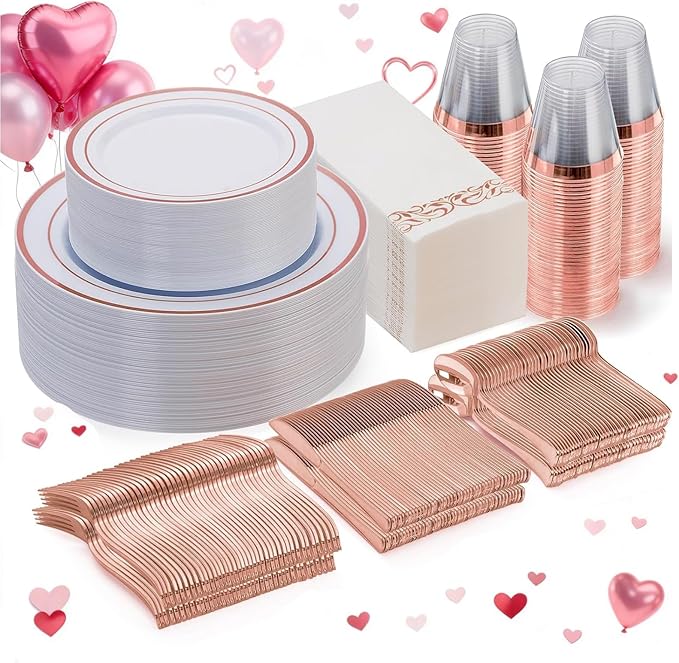 Goodluck 350 Piece Rose Gold Dinnerware Set for 50 Guests - Disposable Plastic Plates, Paper Napkins, Cups, Silverware for Party