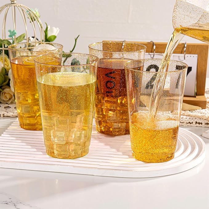 I00000 50 Pack 18 oz Gold Plastic Cups, Gold Glitter Cups Disposable Plastic Wine Glasses Cocktail Glasses Premium Cup, 18 Ounce Glitter Disposable Tumblers for Party & Wedding