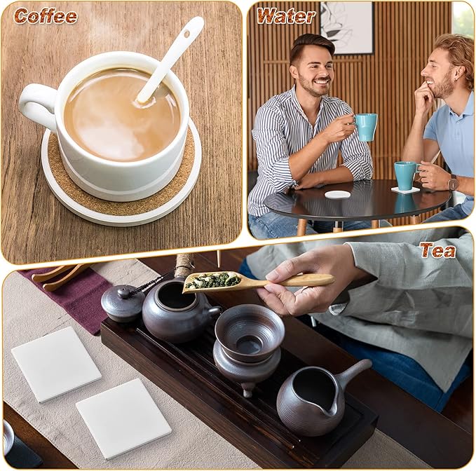 Zopeal 96 Pcs Ceramic Tiles for Crafts Coasters Include Unglazed White Ceramic Tiles with Cork Backing Pads Use with Alcohol Ink Acrylic Pouring for DIY Project Gift (Square,Round)