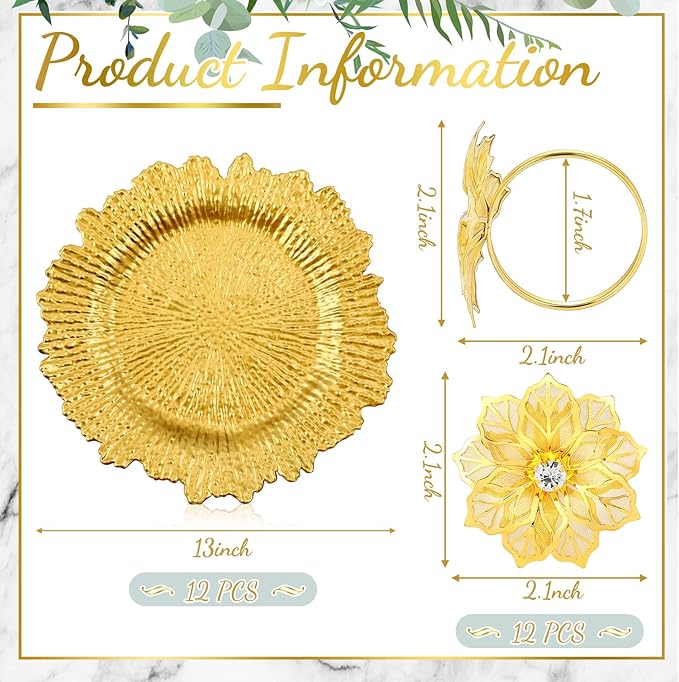 Dandat 24 Pcs Charger Plate Bulk 13'' Floral Reef Plates with Napkin Ring Plastic Dinner Charger Hollow Out Flower Napkin Holder Plastic Plate for Table Setting Wedding Party (Gold)