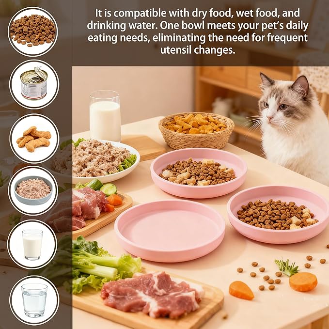 2 Pcs Silicone Cat Bowls Non-Slip Cat Dish for Dry & Wet Food Shallow Relief Whisker Fatigue Pet Bowl Set for Cats Small Dogs, Pink