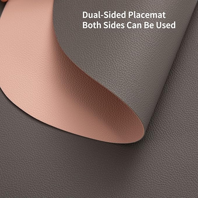 Myir JUN Round Placemats Set of 4 Faux Leather Place Mats and Coasters 15 inch Round Table Mats Dual Sided Non-Slip Stain Resistant Placemats (Gray & Pink, Set of 4)