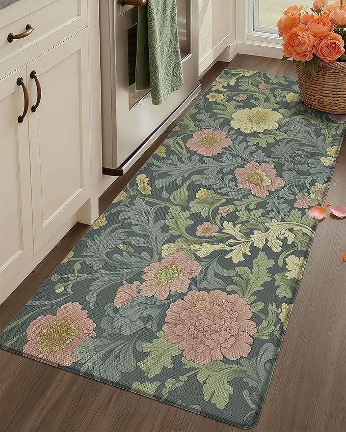 Color&Geometry Floral Kitchen Mat 24"x59", Anti Fatigue Mats for Kitchen Floor, Kitchen Rugs Non Slip, Waterproof & Oil Proof Kitchen Runner for Standing Desk Office, Sink - Dusty Blue