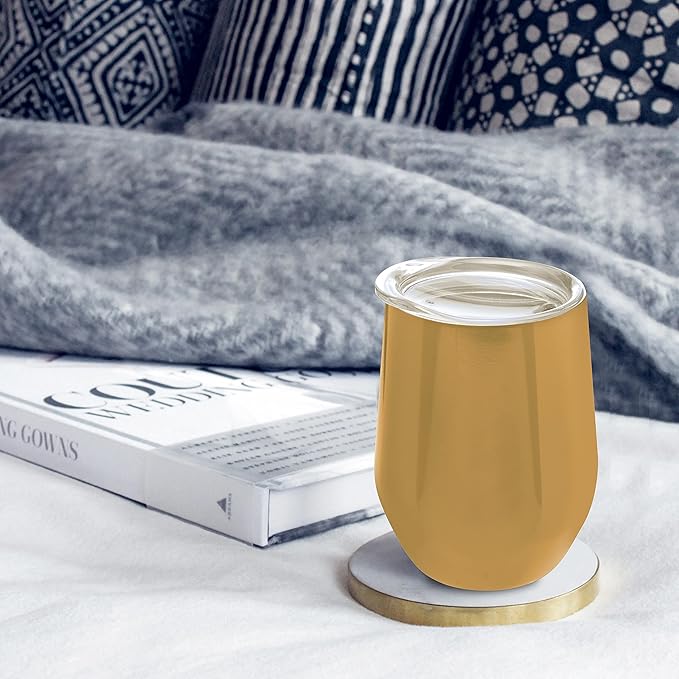 DISCOUNT PROMOS Stemless Wine Glass Tumblers with Lids by Largo 11 oz. Set of 6, Bulk Pack - Perfect for Wine, Cocktails, Other Hot & Cold Beverages - Gold