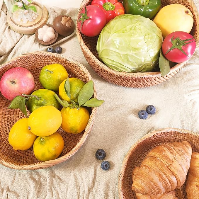 Artisanal Rattan Bread Baskets for Serving, Hand Woven Decorative Bowl, Natural Wicker Fruit Basket for Kitchen Counter, Bread Basket for Serving, Fruits, Snacks, Nuts, Keys, Wallets, Etc.(Wave-Combo)