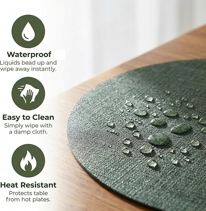 Placemats Set of 8 - Washable Heat Resistant Table Placemats - Wipeable Faux Leather Oval Place Mats, Waterproof Table Mats for Dining Table, Green