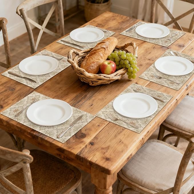 Elegant Beige and Brown Floral Pattern 12x18 Inch Placemats Set of 6 - Waterproof, Non-Slip & Washable Table Mats for Kitchen & Dining Table Placemats