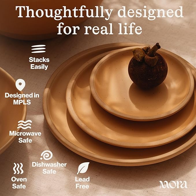 MORA Small Plates Set of 4, 6.5 inch Ceramic Pottery Dessert Plates - Microwave, Oven and Dishwasher Safe - Oat