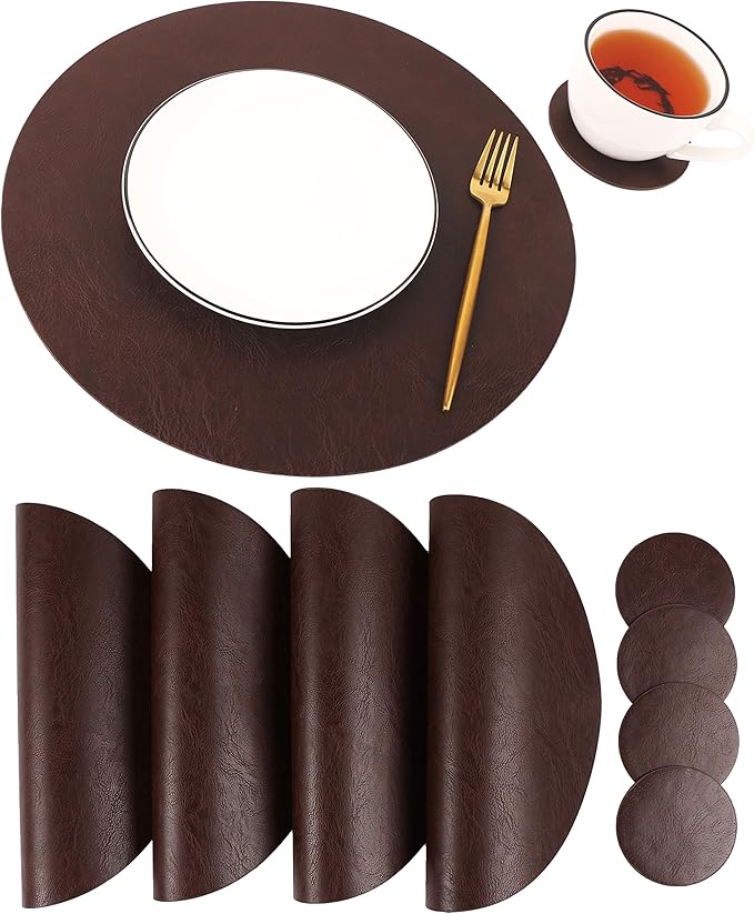 Embossed PU Leather Placemats, Waterproof Coffee Coasters, Kitchen Table Mats, Easy to Wipe Off for Dining Round Table