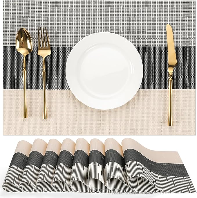 Placemats Set of 8, Vinyl Woven Place Mats Indoor Set of 8 Washable Wipeable PVC Table Mats Heat-Resistant Non Slip Plastic Placemat for Kitchen Dining Outdoor Table (Beige Black, Set of 8)
