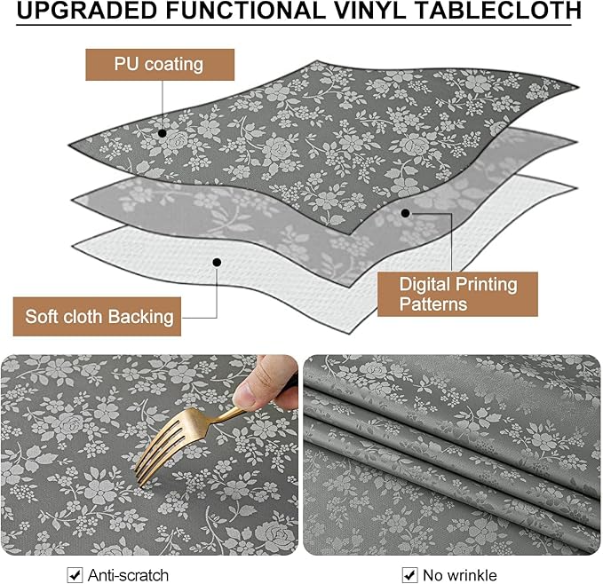 Smiry Rectangle Table Cloth, Waterproof Heavy Duty Vinyl Tablecloths, Wipeable Washable Table Cover for Kitchen and Dining Room (Grey, 54" X 108")