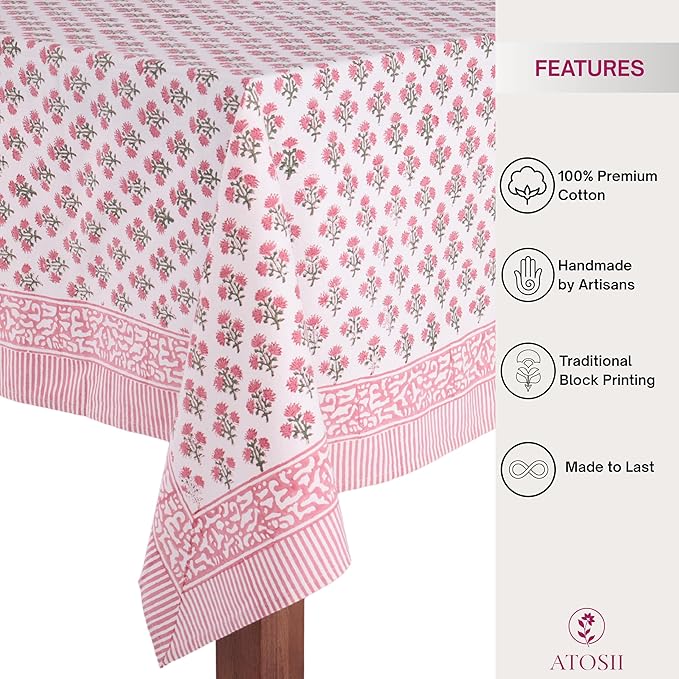ATOSII Gulbahar White Pink 100% Cotton Fall Rectangle Tablecloth, Hand Block Print Washable Table Cover, Christmas Parties Buffet Dining, Weddings, Thanksgiving, Halloween, 60 X 90 Inches, 6 Seater
