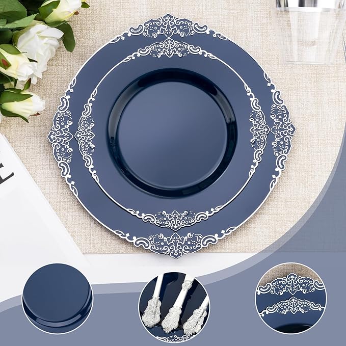 350PCS Navy Blue Plates for 50 Guests, Disposable Dinnerware Sets Include 100 Plastic Plates, 50 Silverwares, 50 Cups, and 50 Pre Rolled Napkins for Party, Wedding and Graduation