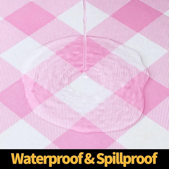 Smiry Rectangle Picnic Table Cloth, Elastic Waterproof Fitted Vinyl Tablecloths, Flannel Backed Buffalo Plaid Table Covers for Dining, Camping, Valentines (White and Pink, 30" x 60")