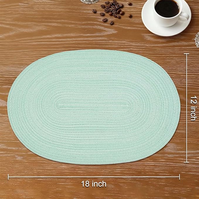 Noctiflorous Oval Braided Placemats Set of 4 Woven 12x18 Inch Non Slip Washable Heat Resistant Place Mats Round Tablemats for Dining Kitchen Party Daily Table Decor Dinner Mats (Mint Green, 4)