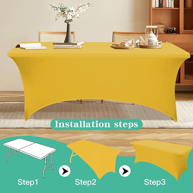 6FT Table Cloth for Rectangular Fitted Events Stretch Yellow Table Covers Washable Spandex Tablecloth Protector for Party, Wedding, Cocktail, Banquet, Festival