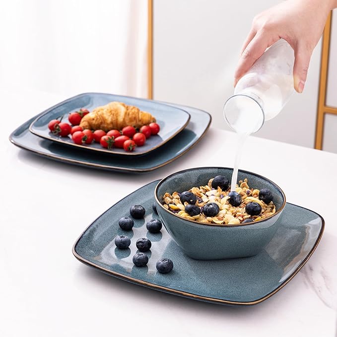 AmorArc Ceramic Dinnerware Sets for 4, 12 Pieces Square Handpainted Plates and Bowls Set, Chip and Scratch Resistant Stoneware Dishes Set, Dishwasher & Microwave Safe, Ocean Blue