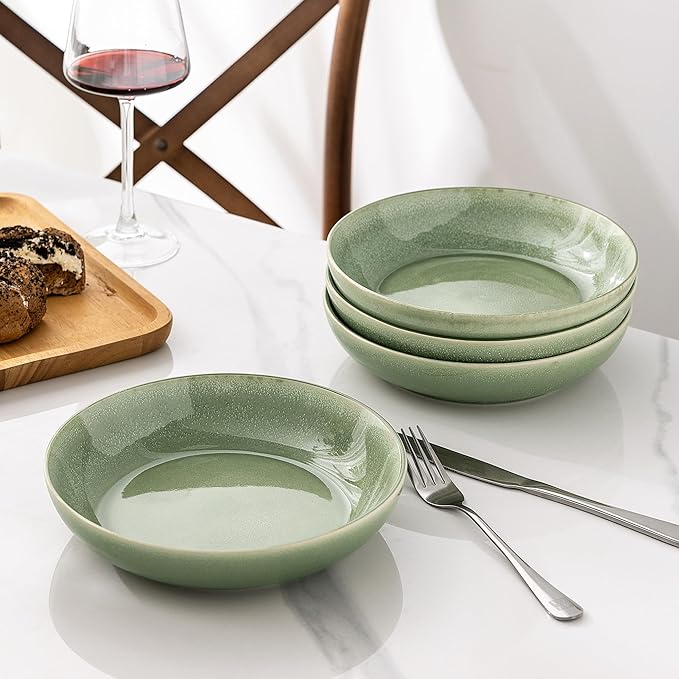 AmorArc 8.5'' Large Ceramic Pasta Bowls Set, 36oz Stoneware Bowls Set of 6 for Kitchen, Reavtive Glaze Bowls-Microwave,Dishwasher Safe for Pasta,Salad,Oatmeal-Olive Green