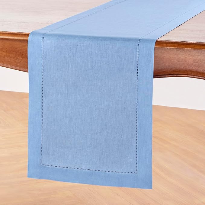 Solino Home Linen Cornflower Blue Hemstitch Table Runner 48 Inches - 100% Pure Linen Table Runner 14 x 48 Inch Ideal for Dresser and Coffee Tables - Classic Hemstitch - Spring, Easter