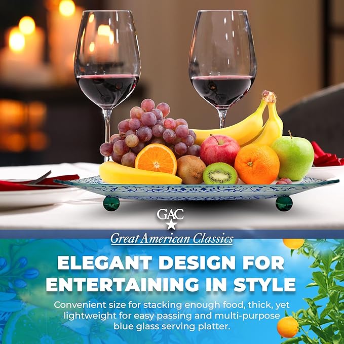 GAC Florentine Tempered Glass Square Serving Tray with Ball Legs – Chip Resistant, Oven & Microwave Friendly - Ideal Present – Clear Glass Square Plate for Appetizers & Desserts – Blue, 10-Inch