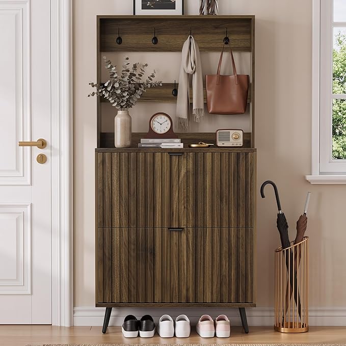 Tall Shoe Cabinet with Coat Rack,Fluted Shoe Cabinet Storage for Entryway, Walnut Hidden Shoe Cabinet with Metal Legs,Shoe Organizer Cabinet, Slim Entryway Shoe Storage Cabinet （31.5in）