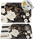 Placemats Set of 4 Vintage Peony Place Mats Beige Floral Leave Rustic Black Woven Table Mats Washable Beige Flower PVC Placemat for Dining Kitchen Decor Indoor Outdoor, 12 x 18 Inch