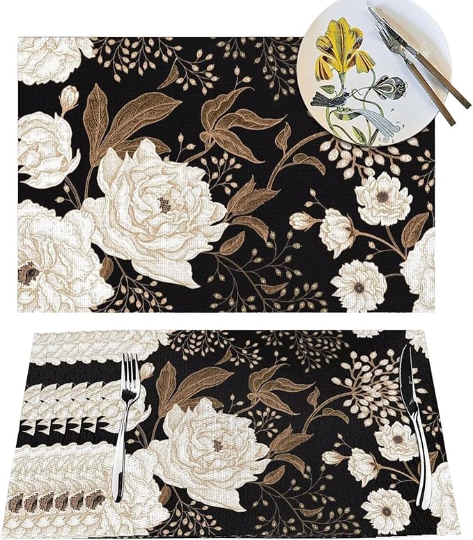 Placemats Set of 6 Vintage Peony Place Mats Beige Floral Leave Rustic Black Woven Table Mats Washable Beige Flower PVC Placemat for Dining Kitchen Decor Indoor Outdoor, 12 x 18 Inch
