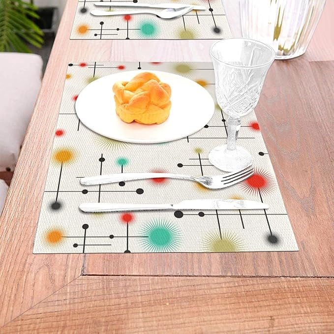 Mid Century Modern Placemats Set of 4, Washable Retro Table Mats for Kitchen Dining Tables Yellow Decorative Linen Place Mats 12x18 Inch